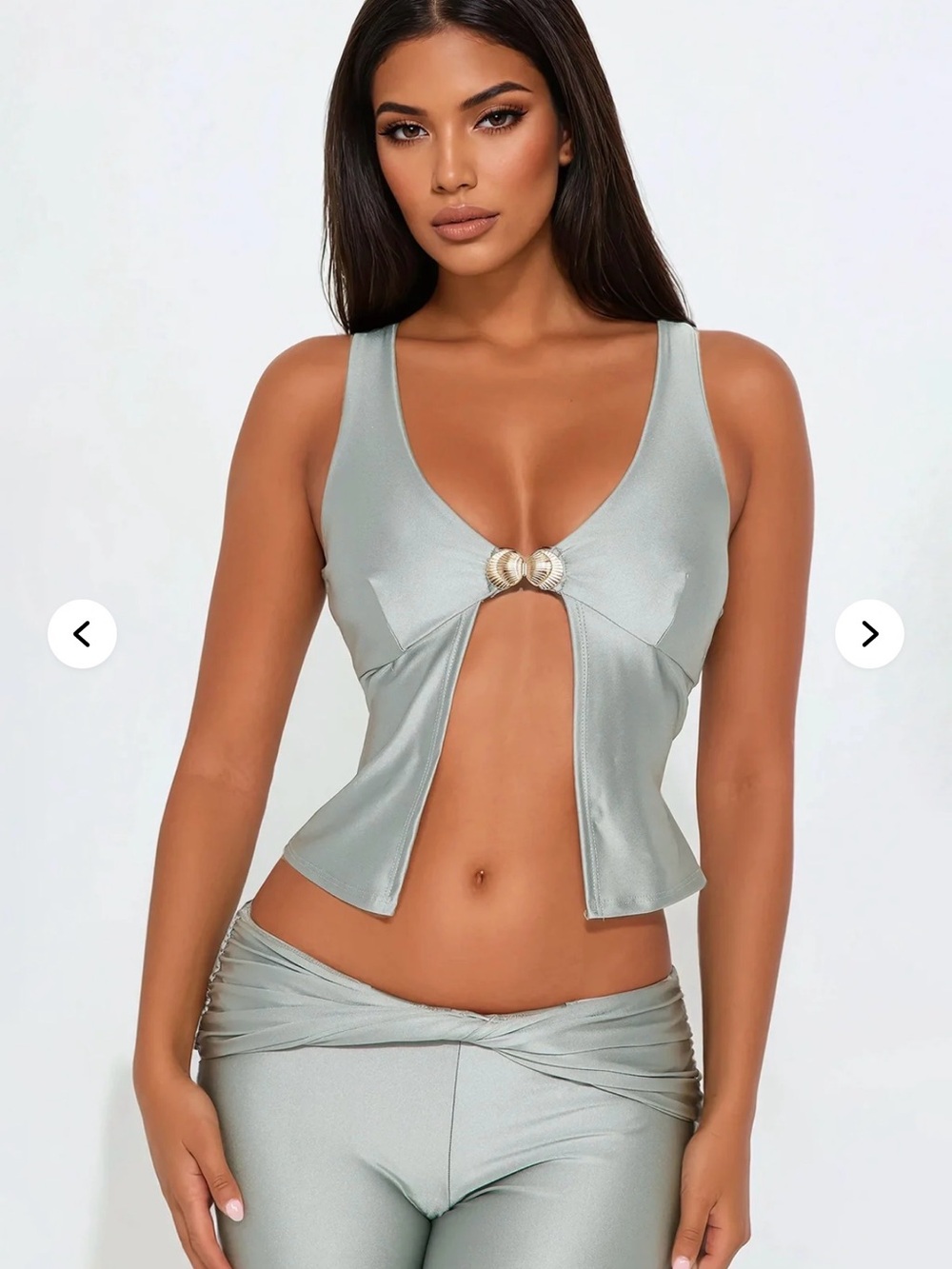 New Fashion Nova Light Sage Green Satin Camisole Fold Over Low Rise Pants Set